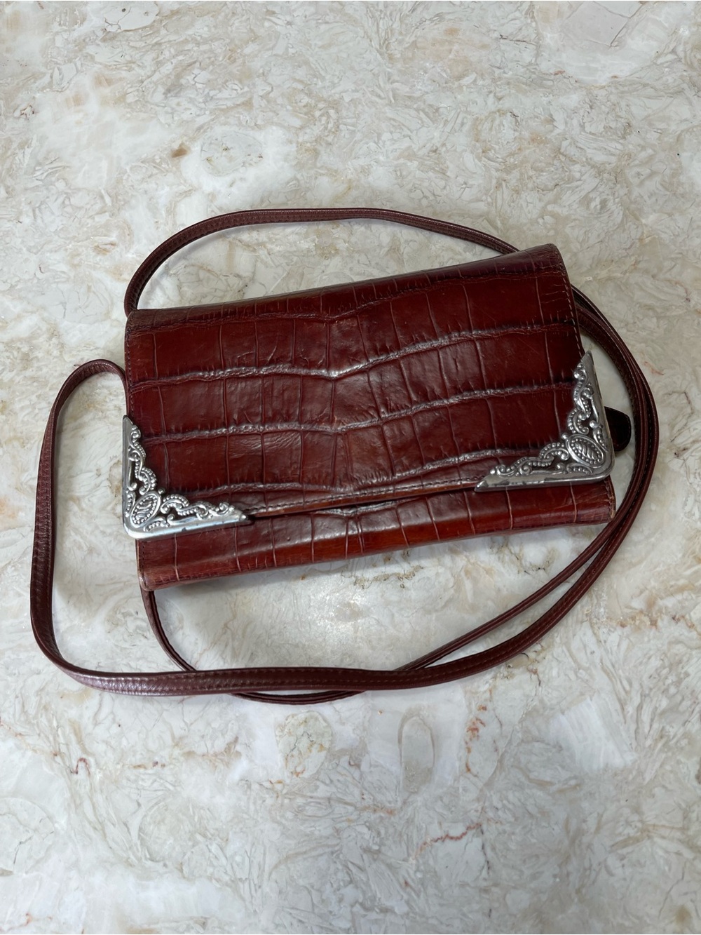 Vintage Brighton Leather Croc Wallet/Crossbody/Clutch Ornate Silver Trim